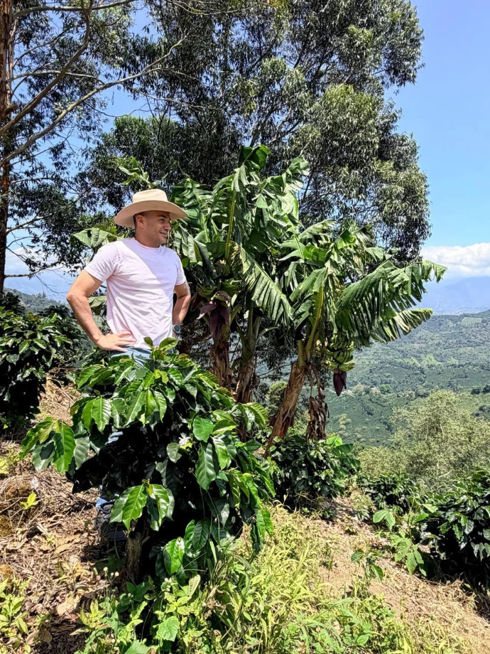 Colombian coffee farmer standing among coffee plants on a mountain farm